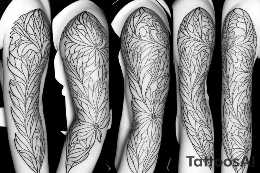 Thin lined flower with tiny leaves that wraps around the upper arm tattoo idea