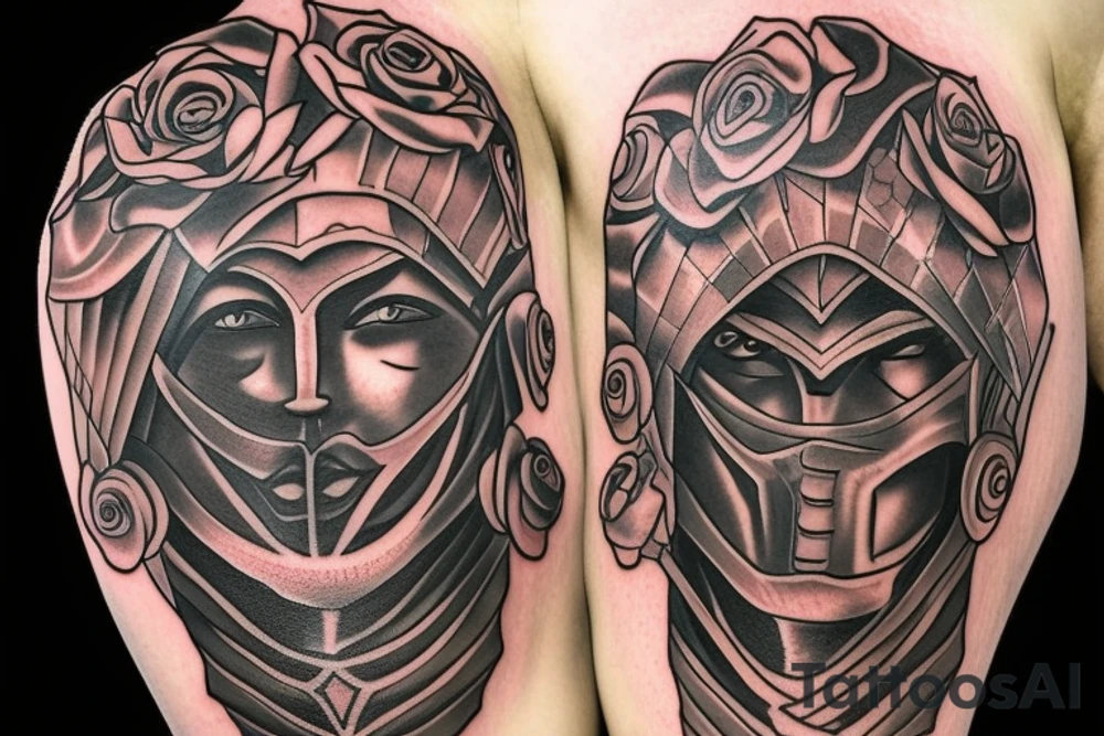 spartan warrior full armor holding a rose at peace tattoo idea