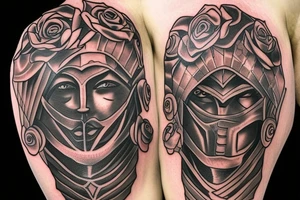 spartan warrior full armor holding a rose at peace tattoo idea
