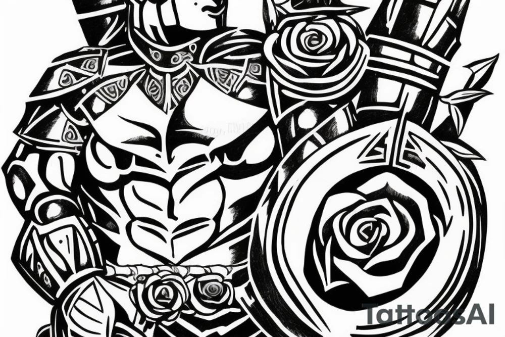 spartan warrior full armor holding a rose at peace tattoo idea