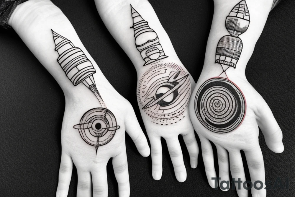 hand with planets and airplanes tattoo idea
