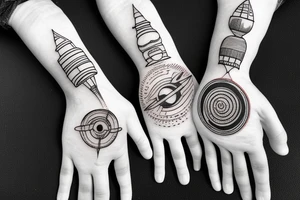 hand with planets and airplanes tattoo idea