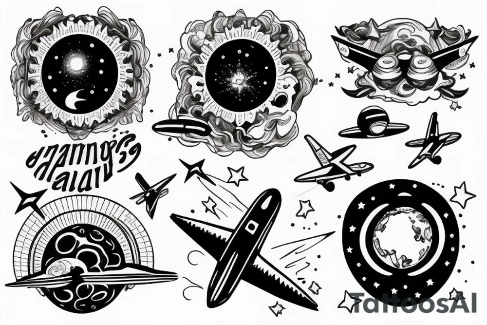 hand with planets and airplanes tattoo idea