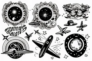 hand with planets and airplanes tattoo idea