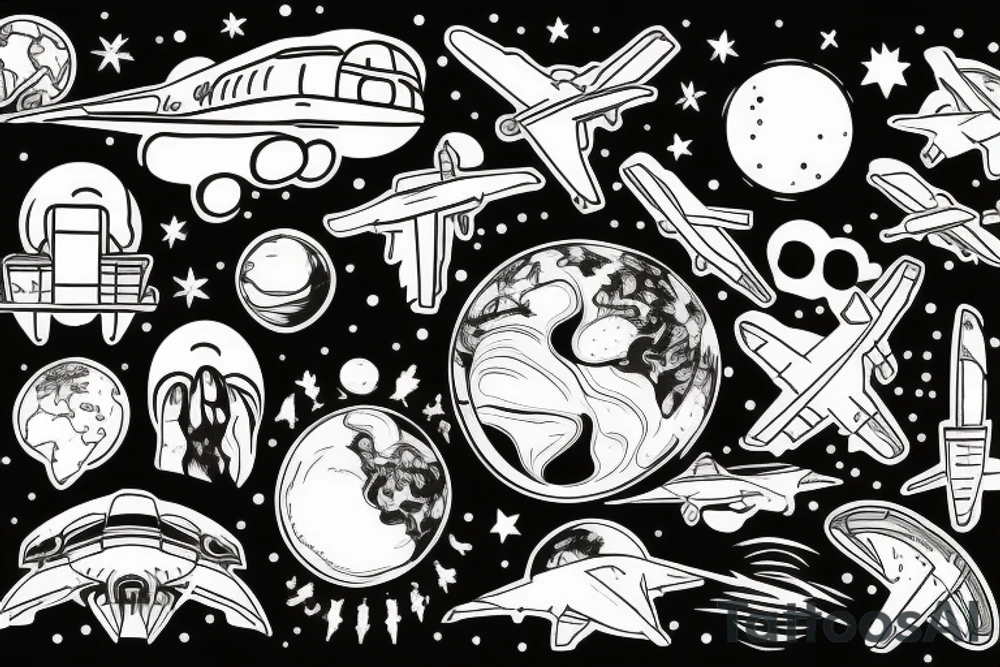 hand with planets and airplanes, the world at your fingertips tattoo idea