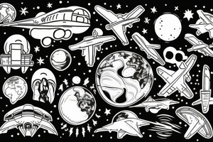 hand with planets and airplanes, the world at your fingertips tattoo idea