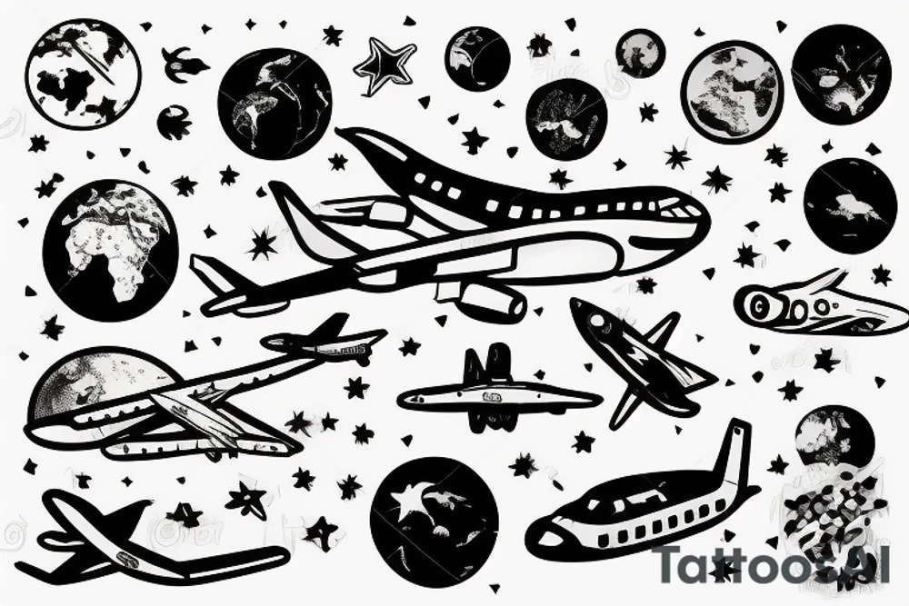 hand with planets and airplanes, the world at your fingertips tattoo idea