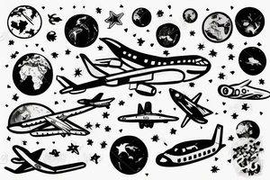 hand with planets and airplanes, the world at your fingertips tattoo idea