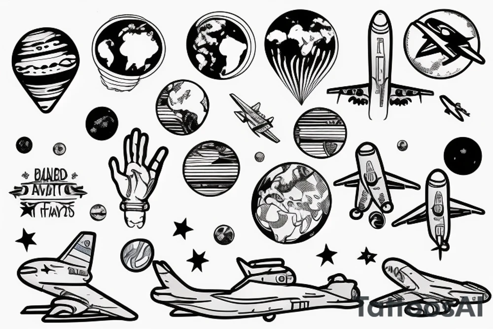 hand with planets and airplanes, the world at your fingertips tattoo idea