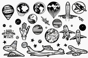 hand with planets and airplanes, the world at your fingertips tattoo idea