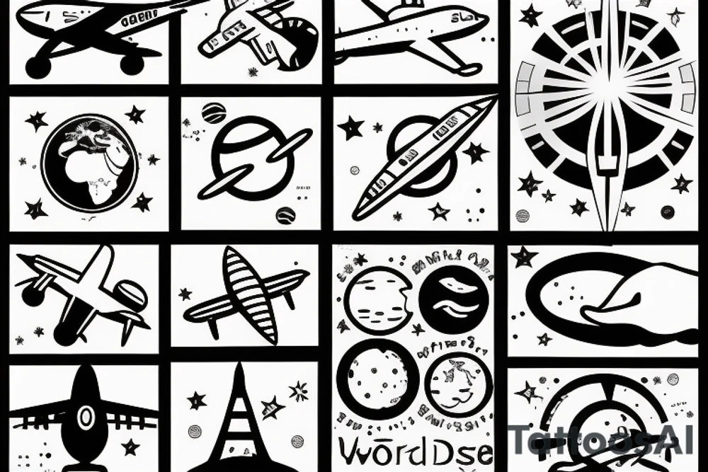 hand with planets and airplanes, the world at your fingertips tattoo idea
