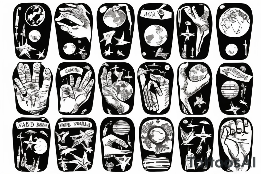 hand with planets and airplanes, the world at your fingertips tattoo idea