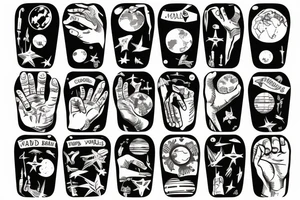 hand with planets and airplanes, the world at your fingertips tattoo idea