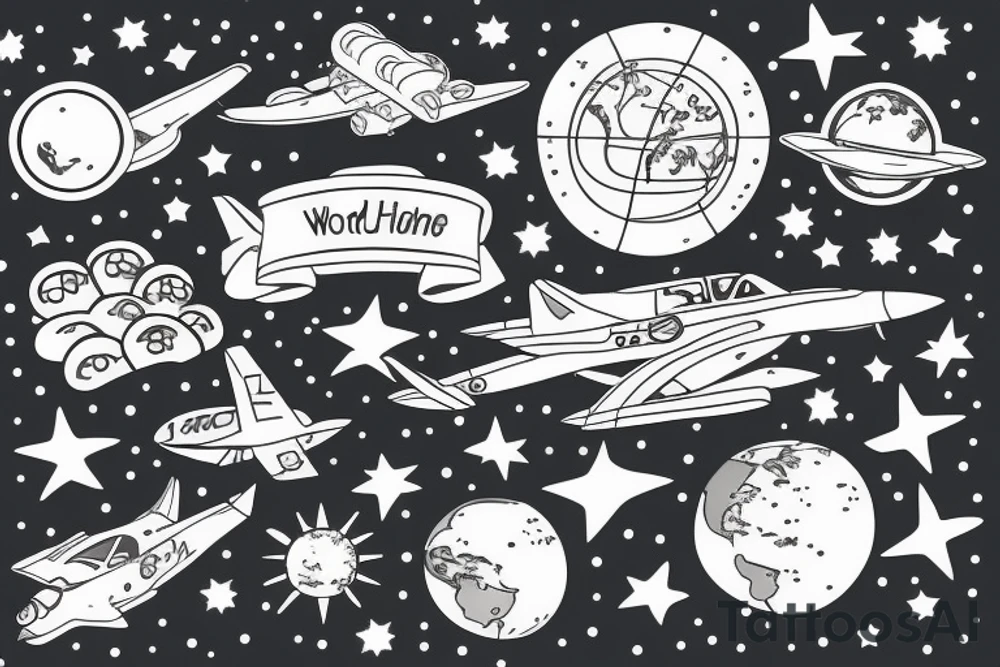 hand with planets and airplanes, the world at your fingertips tattoo idea
