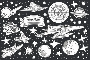 hand with planets and airplanes, the world at your fingertips tattoo idea