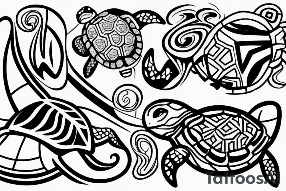 A Turtle Split with geometric forms and waves included tattoo idea