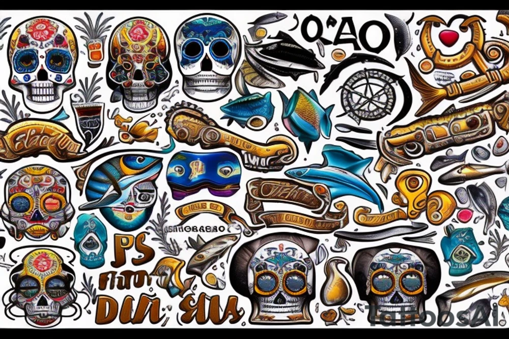 Ocean, Fishing, Anchors, Desert, DAD, Husband, Drums, Music, Motorcycles, San Diego, Tuna, Pisces, Love, Dia de los muertes tattoo idea