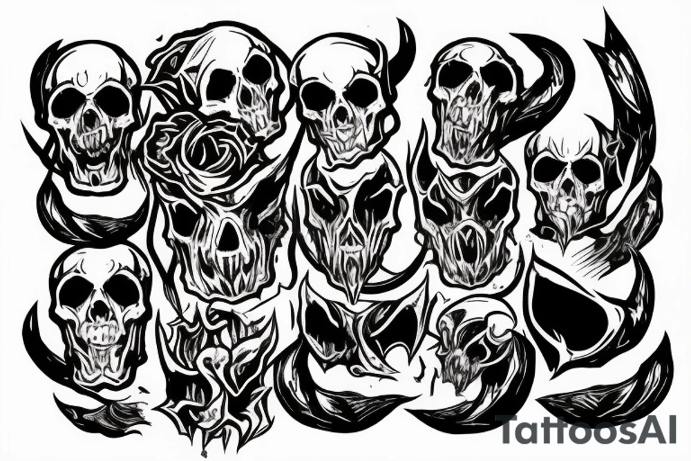 Burning human skull with demon horns, skull turned slightly to the left tattoo idea