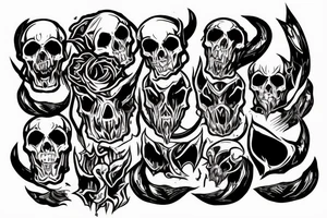 Burning human skull with demon horns, skull turned slightly to the left tattoo idea