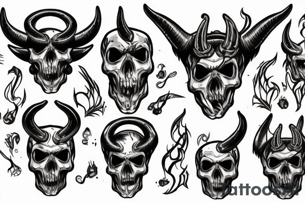 Burning human skull with demon horns, skull turned slightly to the left tattoo idea