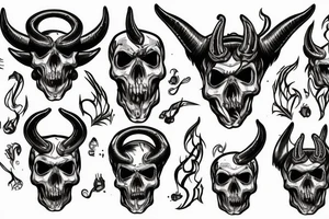 Burning human skull with demon horns, skull turned slightly to the left tattoo idea