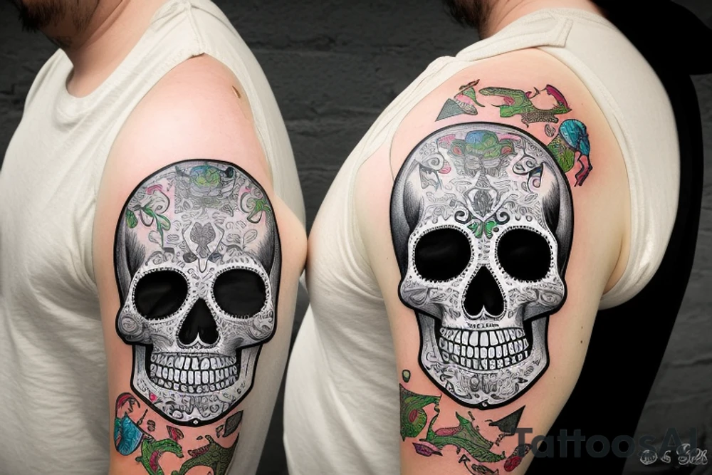 sleeve, old maps as the background, sugar skull with a half lime in one eye tattoo idea
