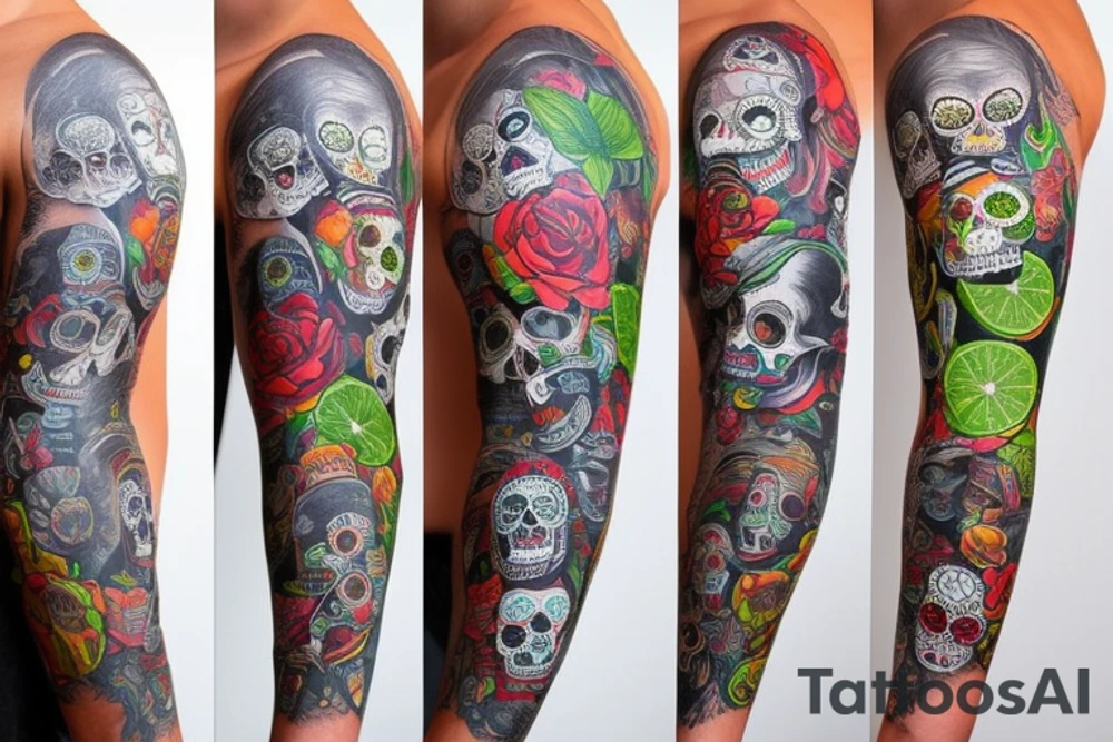 sleeve, old maps as the background, sugar skull with a half lime in one eye tattoo idea