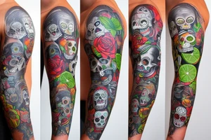 sleeve, old maps as the background, sugar skull with a half lime in one eye tattoo idea