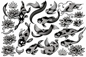 Koi fish with waves and lotus flower tattoo idea