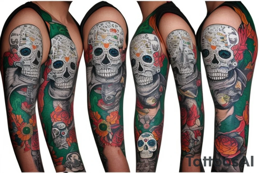 sleeve, old maps as the background, sugar skull with a half lime in one eye tattoo idea