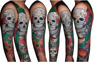 sleeve, old maps as the background, sugar skull with a half lime in one eye tattoo idea