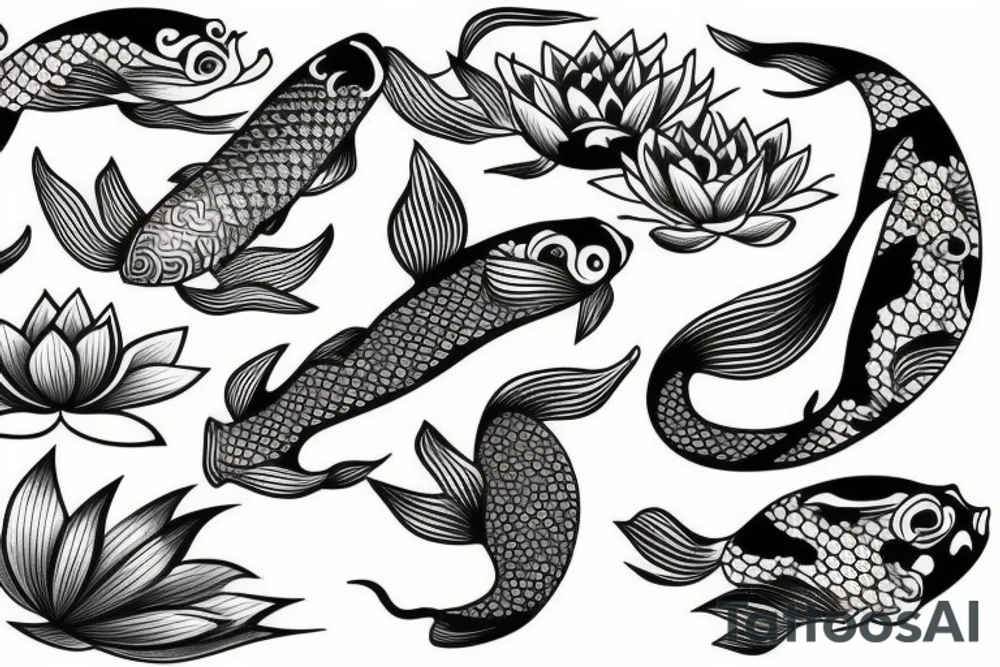 Koi fish with waves and lotus flower tattoo idea