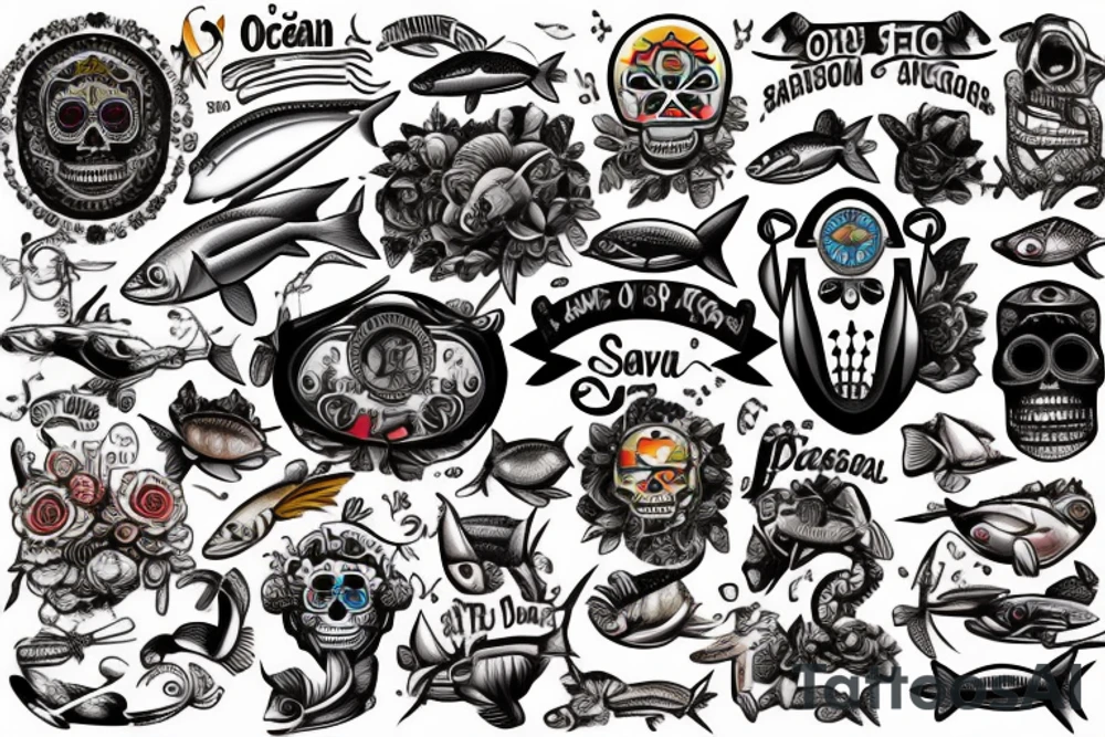 Ocean, Fishing, Anchors, Desert, DAD, Husband, Drums, Music, Motorcycles, San Diego, Tuna, Pisces, Love, Dia de los muertes tattoo idea