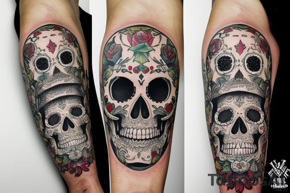 sleeve, old maps as the underlay, sugar skull with a lime in one eye socket, third eye tattoo idea