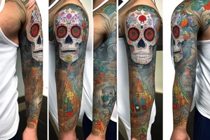 sleeve, old maps as the underlay, sugar skull with a lime in one eye socket, third eye tattoo idea