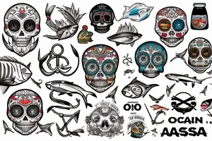 Ocean, Fishing, Anchors, Desert, DAD, Husband, Drums, Music, Motorcycles, San Diego, Tuna, Pisces, Love, Dia de los muertes, SavvyAdEv1 tattoo idea