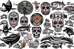 Ocean, Fishing, Anchors, Desert, DAD, Husband, Drums, Music, Motorcycles, San Diego, Tuna, Pisces, Love, Dia de los muertes, SavvyAdEv1 tattoo idea