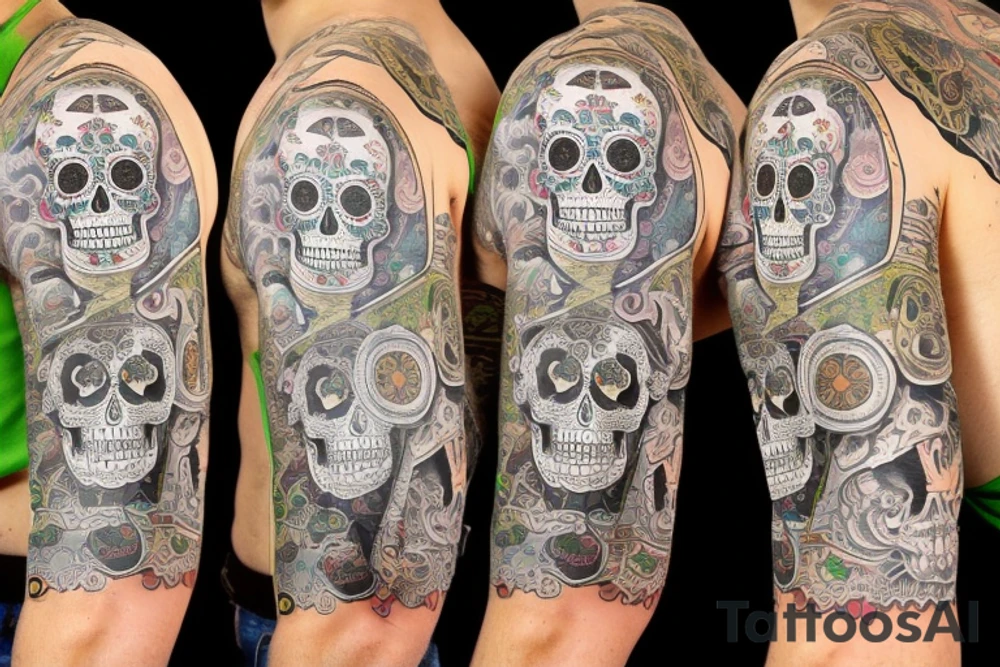 sleeve, old maps as the underlay, sugar skull with a lime in one eye socket, third eye tattoo idea