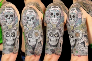 sleeve, old maps as the underlay, sugar skull with a lime in one eye socket, third eye tattoo idea