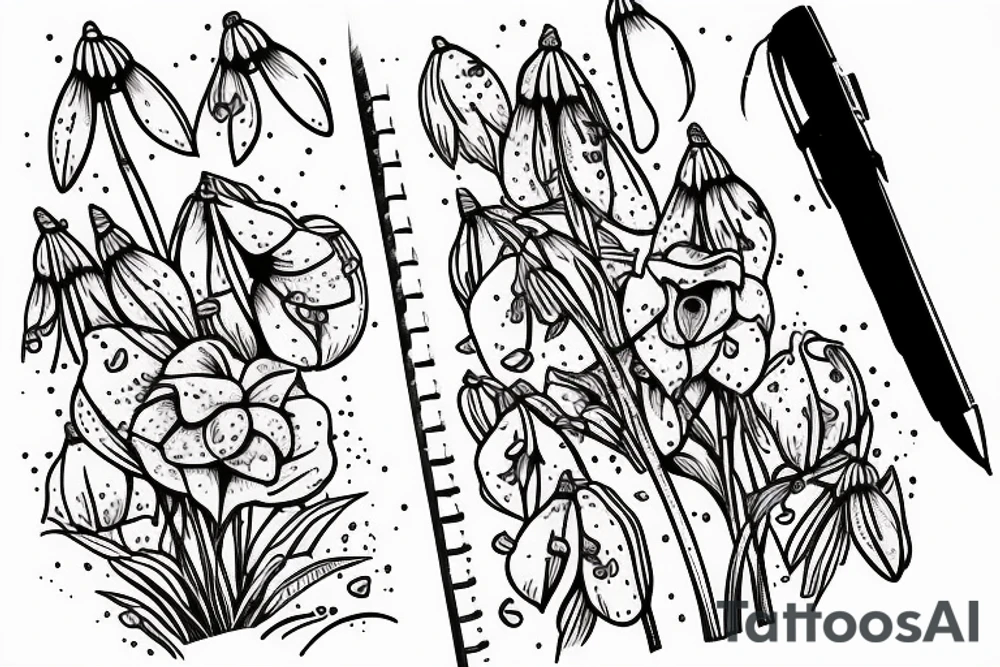 A book and pen, with snowdrops around it tattoo idea