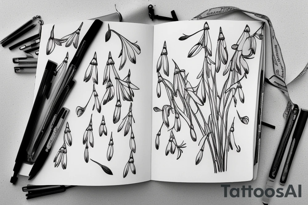 A book and pen, with snowdrops around it tattoo idea