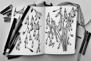 A book and pen, with snowdrops around it tattoo idea