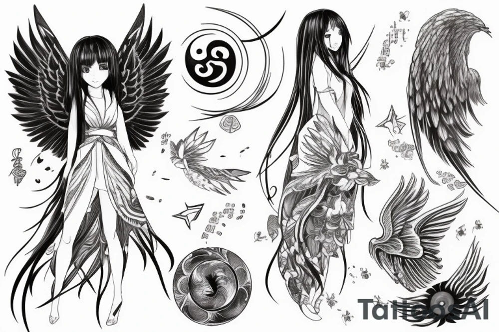 Sketch of a beautiful anime girl with long open hair, wearing a classy dress, bare feet, with Phoenix wings and a small yin yang symbol tattoo idea