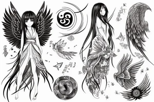 Sketch of a beautiful anime girl with long open hair, wearing a classy dress, bare feet, with Phoenix wings and a small yin yang symbol tattoo idea