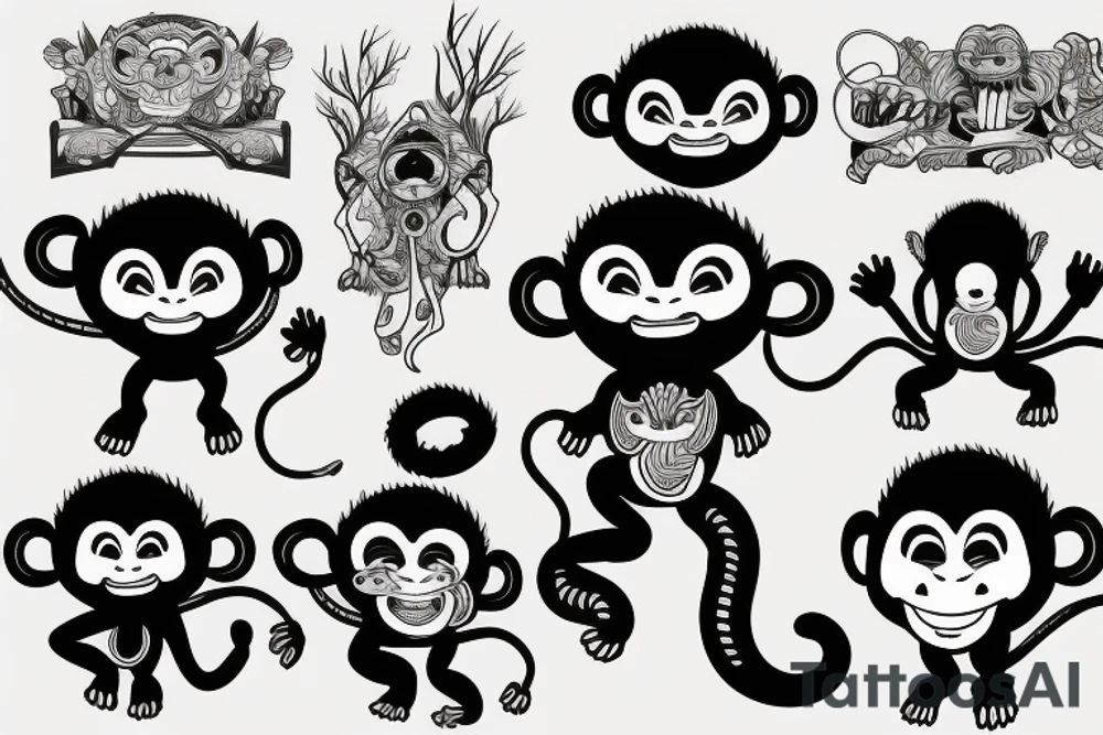 Monkey dressed as a monnk being abducted by an ovni, black and blue tattoo idea