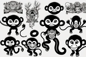 Monkey dressed as a monnk being abducted by an ovni, black and blue tattoo idea