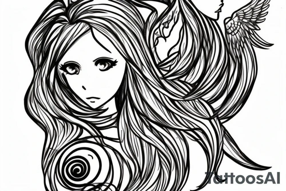 Symmetrical Sketch of a beautiful anime girl with long open hair, wearing a classy dress, bare feet, with big flawless Phoenix wings and a small yin yang symbol tattoo idea