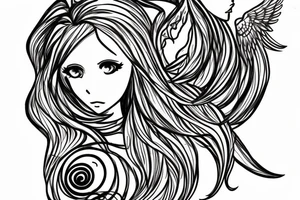 Symmetrical Sketch of a beautiful anime girl with long open hair, wearing a classy dress, bare feet, with big flawless Phoenix wings and a small yin yang symbol tattoo idea