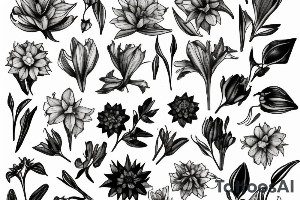 cornflower, rose, dahlia, Trailing arbutus, California poppy, daffodil, lily of the valley, honeysuckle, narcissus tattoo idea