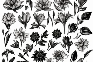 cornflower, rose, dahlia, Trailing arbutus, California poppy, daffodil, lily of the valley, honeysuckle, narcissus tattoo idea